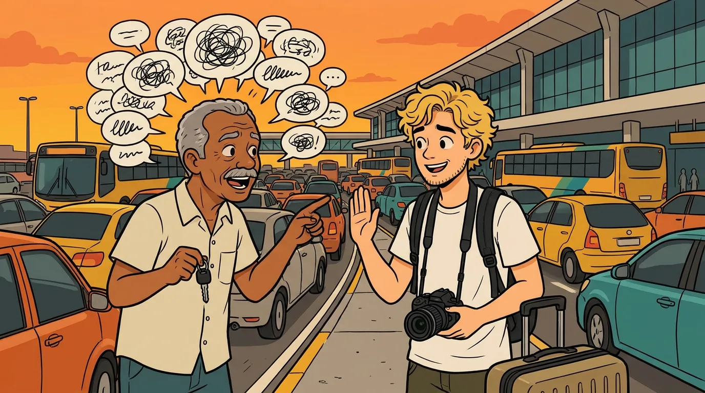 Vor dem Flughafen Guarulhos redet Seu Edson, der Fahrer, ganz schnell und zeigt auf den Stau; Lukas hebt mit Koffer und Kamera lächelnd die Hand: „Mais devagar, por favor.“