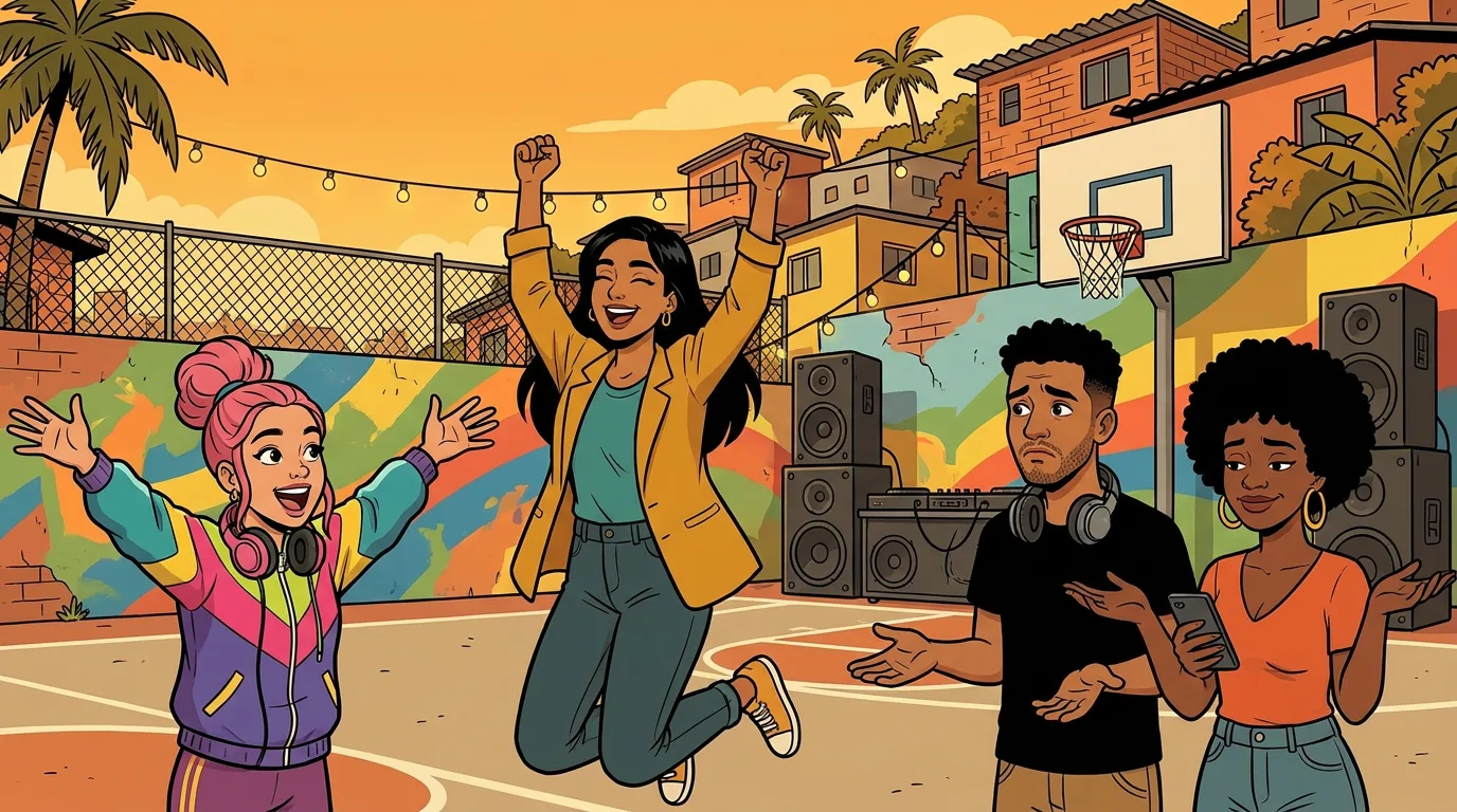 At the community court, getting ready for the party: Bia invites everyone, Priya jumps for joy, Gui makes a sorry face because he works on Saturday, and Ray shrugs with her phone in hand.