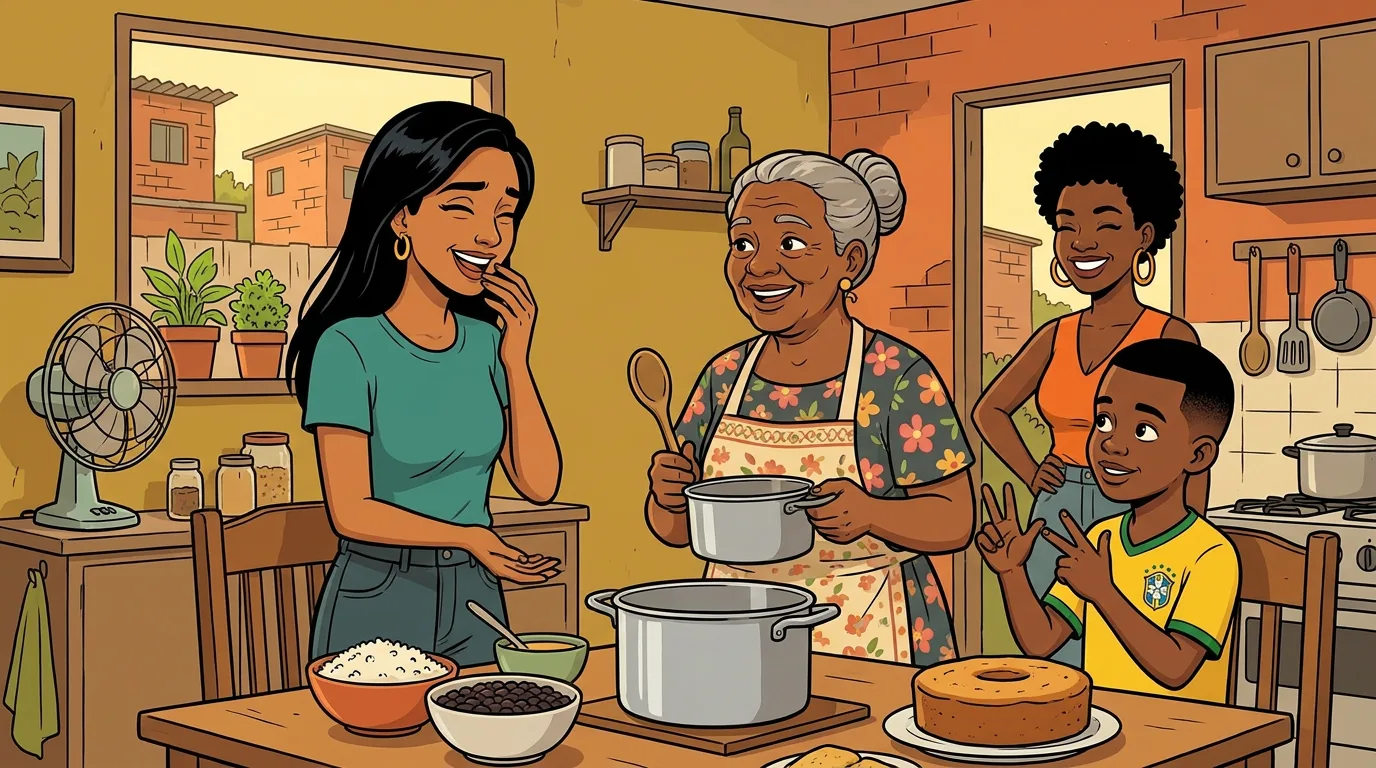 Sunday lunch in Dona Socorro's kitchen: she welcomes Priya holding a pot and a wooden spoon, Teteu counts on his fingers, and Ray smiles in the doorway.