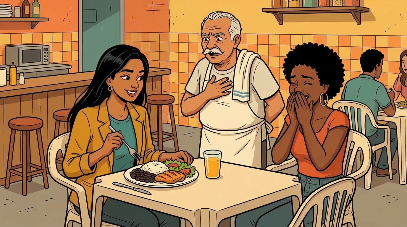 At Bar do Toninho, Priya smiles proudly over her plate of rice, beans and chicken, while Seu Toninho, offended, puts a hand on his chest and Ray covers her mouth so she won't laugh.