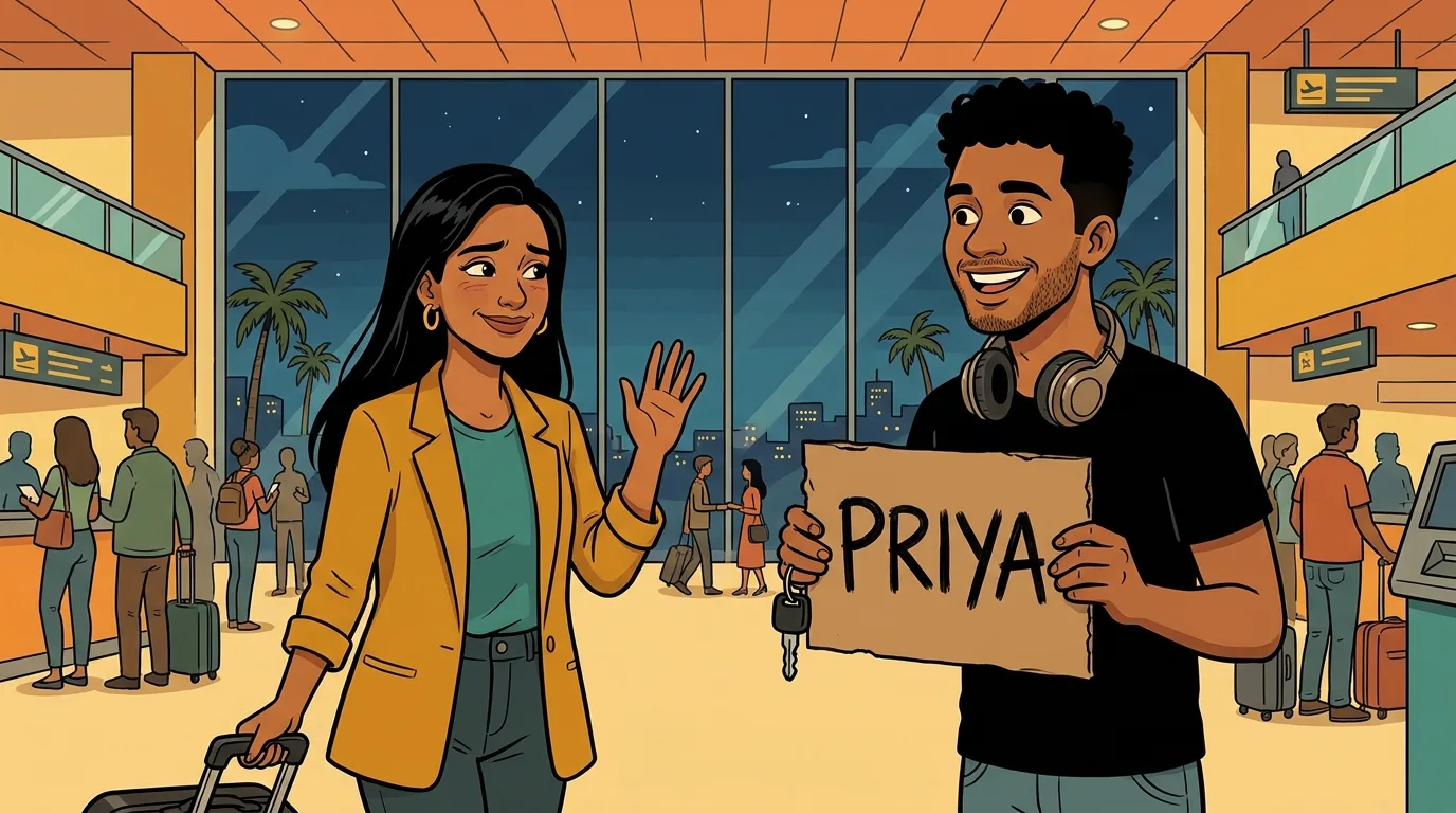 Night in the arrivals hall at Guarulhos airport: Priya, with her suitcase, gives a shy wave to Gui, who holds up a cardboard sign that says PRIYA and grins.